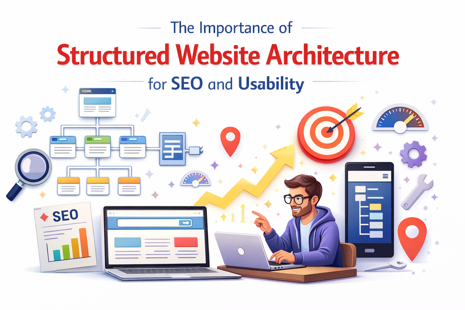 Structured website architecture diagram highlighting internal linking, clear hierarchy, and SEO-friendly navigation for better rankings and user experience.